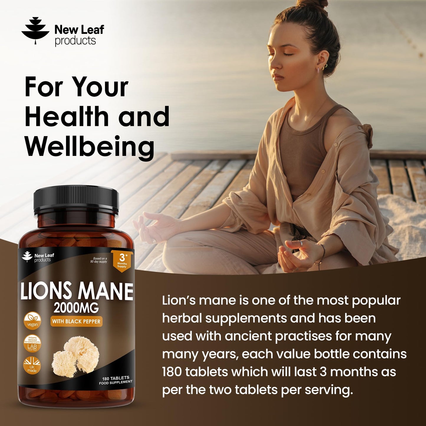 Lions Mane Mushroom Extract Supplement 2000mg - 180 High Strength Vegan Tablets NEW LEAF PRODUCTSBuy Supplements Australia