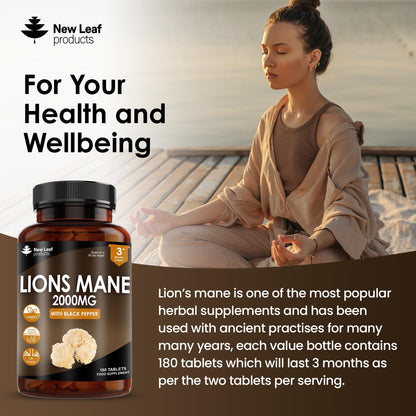 Lions Mane Mushroom Extract Supplement 2000mg - 180 High Strength Vegan Tablets NEW LEAF PRODUCTSBuy Supplements Australia