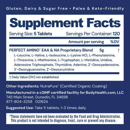 BodyHealth PerfectAmino (600 ct) Easy to Swallow Tablets, Essential Amino Acids Supplement with BCAAs, Vegan Protein for Pre/Post Workout & Muscle Recovery with Lysine, Tryptophan, Leucine, Methionine BodyHealth buy supplements Au