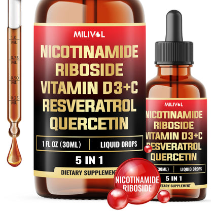 Bottle of dietary supplement with dropper labeled 'MILIVOL' containing Nicotinamide Riboside, Vitamin D3+C, Resveratrol, Quercetin.