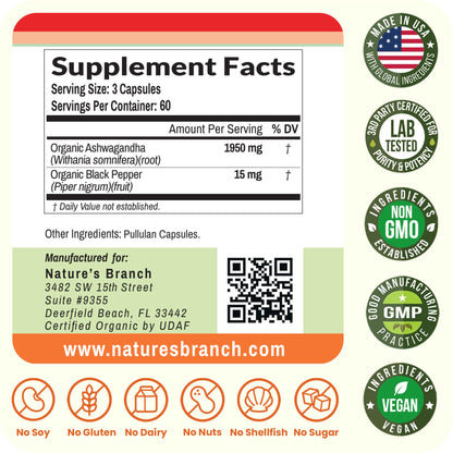 UDAF Certified Organic Ashwagandha with Black Pepper, 1965mg - Extra Strength for Stress, Sleep, Mood, Thyroid, Energy, Hair, Vegan Pure Root Extract Powder Supplement for Men and Women | 180 Capsules NATURE'S BRANCHBuy Supplements Australia