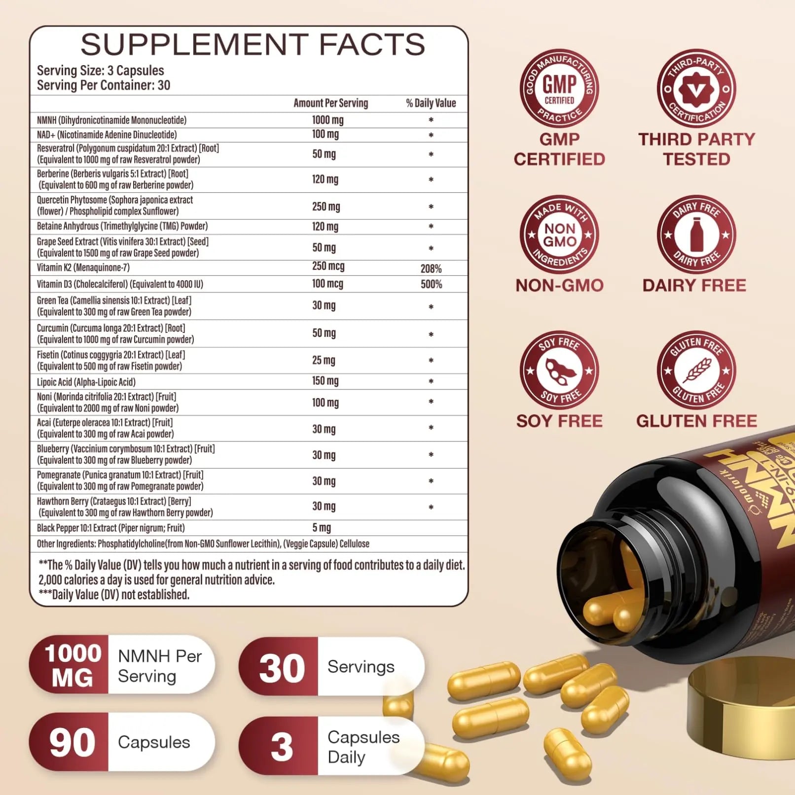 19 in 1 NMNH (Dihydronicotinamide Mononucleotide) 1000mg Per Serving, Nad Supplement Boost NAD+ Levels Nad Resveratrol Supplement with Quercetin, Vitamin D3 K2, Healthy Aging, Energy, 90 Capsules molorik pureBuy Supplements Australia