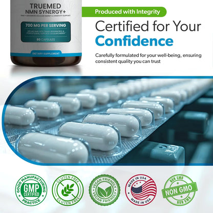 TRUEMED NMN Synergy+ 700mg – Premium NMN Supplement with Resveratrol & Pterostilbene | Advanced NAD+ Supplement for Cellular Energy, & Wellness Support | Non-GMO, Vegan, 60 Capsules TRUEMEDBuy Supplements Australia