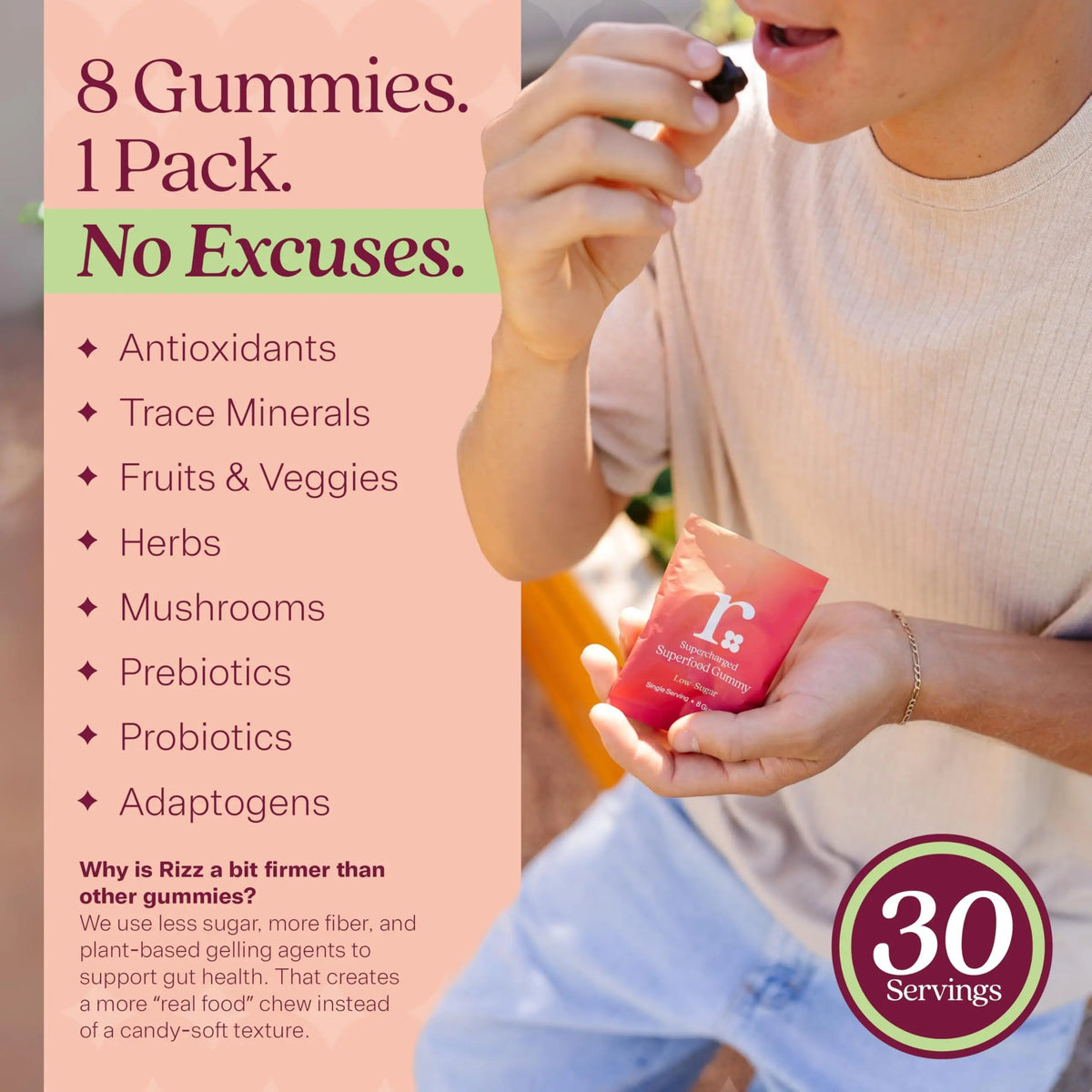 Rizz Low Sugar Green Gummies - 60+ Superfoods 6g Fiber - Prebiotic and Probiotic Gummies - Vegan Multivitamins for Women & Men RizzBuy Supplements Australia