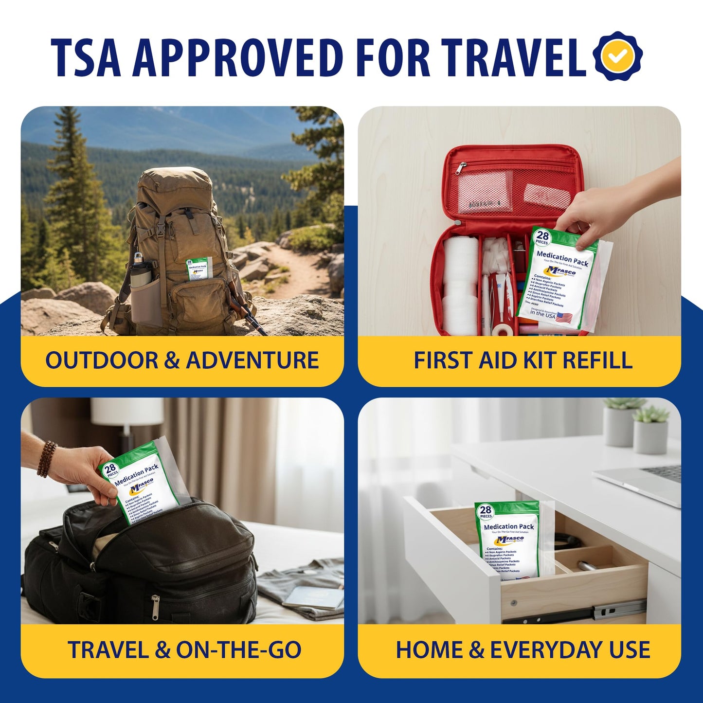 MFASCO - 7 in 1 - Travel Size Medicine Kit - TSA Approved | 28 First Aid Emergency OTC Medicine Packets for Cruise & International Travel | Compact Med Refill for Traveling & Office Assembled in USA MFASCO buy supplements Au