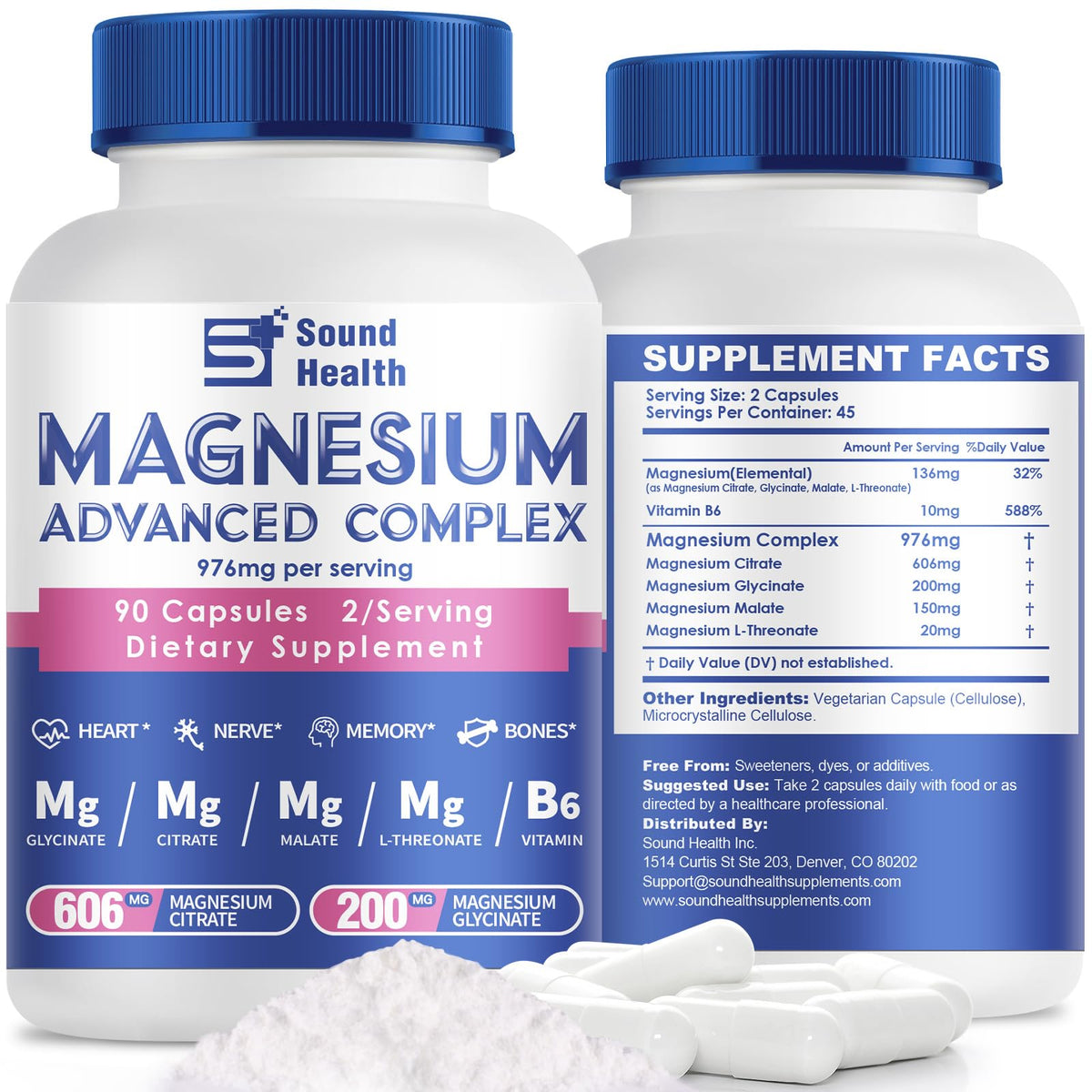 Magnesium Complex Capsule 5 in 1 Magnesium Supplement from Magnesium Glycinate, Citrate, Malate, L-Threonate & Vitamin B6, High Absorption Magnesium Supplement, Non-GMO, Vegan Sound Health PlusBuy Supplements Australia