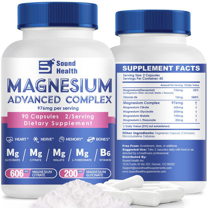 Magnesium Complex Capsule 5 in 1 Magnesium Supplement from Magnesium Glycinate, Citrate, Malate, L-Threonate & Vitamin B6, High Absorption Magnesium Supplement, Non-GMO, Vegan Sound Health PlusBuy Supplements Australia