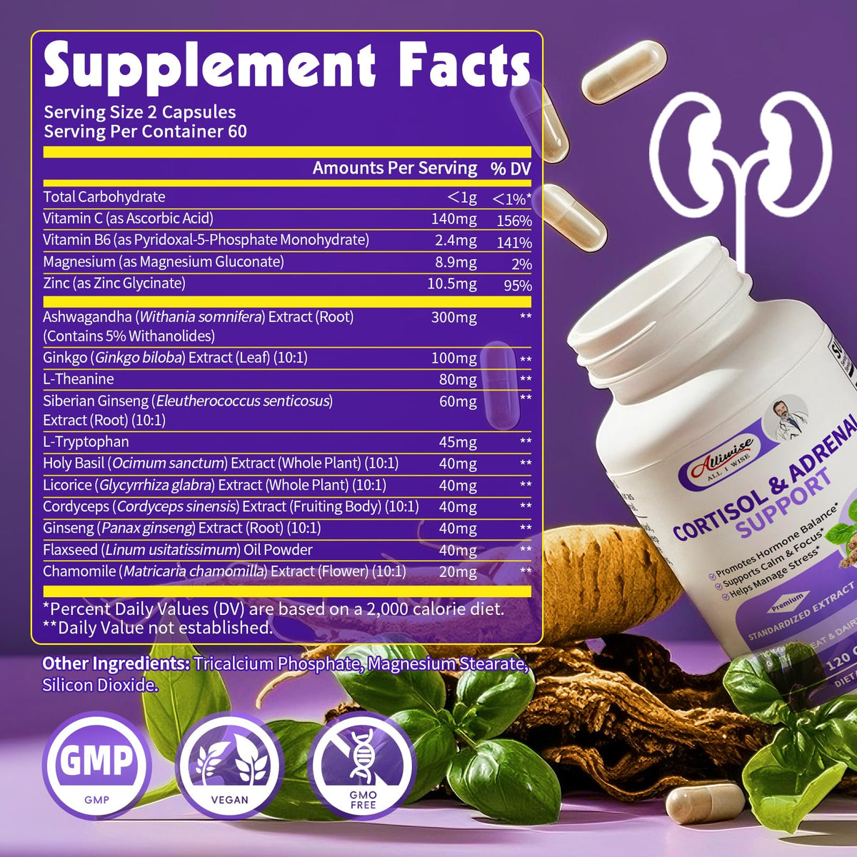 Alliwise Cortisol Supplements for Women & Men - Adrenal Support with Ashwagandha, L-Theanine & Holy Basil for Stress Relief, Mood & Steady Focus - Hormone Balance - 120 Vegan Capsules AlliwiseBuy Supplements Australia