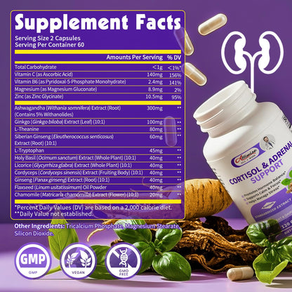 Alliwise Cortisol Supplements for Women & Men - Adrenal Support with Ashwagandha, L-Theanine & Holy Basil for Stress Relief, Mood & Steady Focus - Hormone Balance - 120 Vegan Capsules AlliwiseBuy Supplements Australia