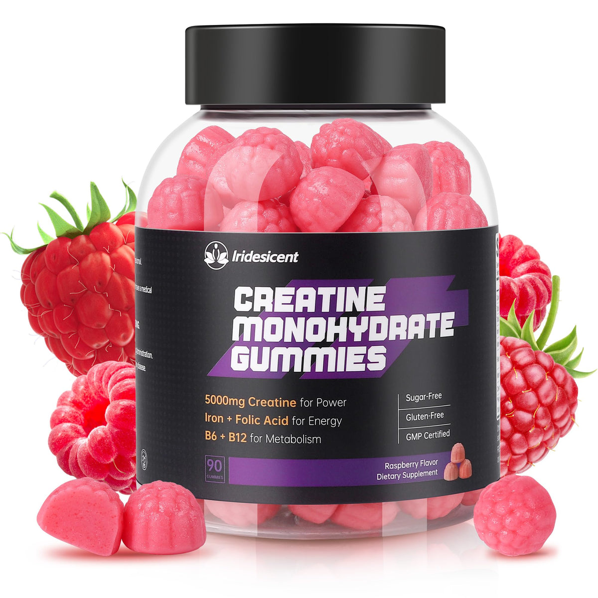IRIDESICENT Creatine Monohydrate Gummies 5000mg w/Iron, Vitamin B6 & B12, Sugar Free 5g Creatine Supplements for Women and Men Boost Energy & Muscle Recovery - 90 Raspberry Gummies IRIDESICENTBuy Supplements Australia