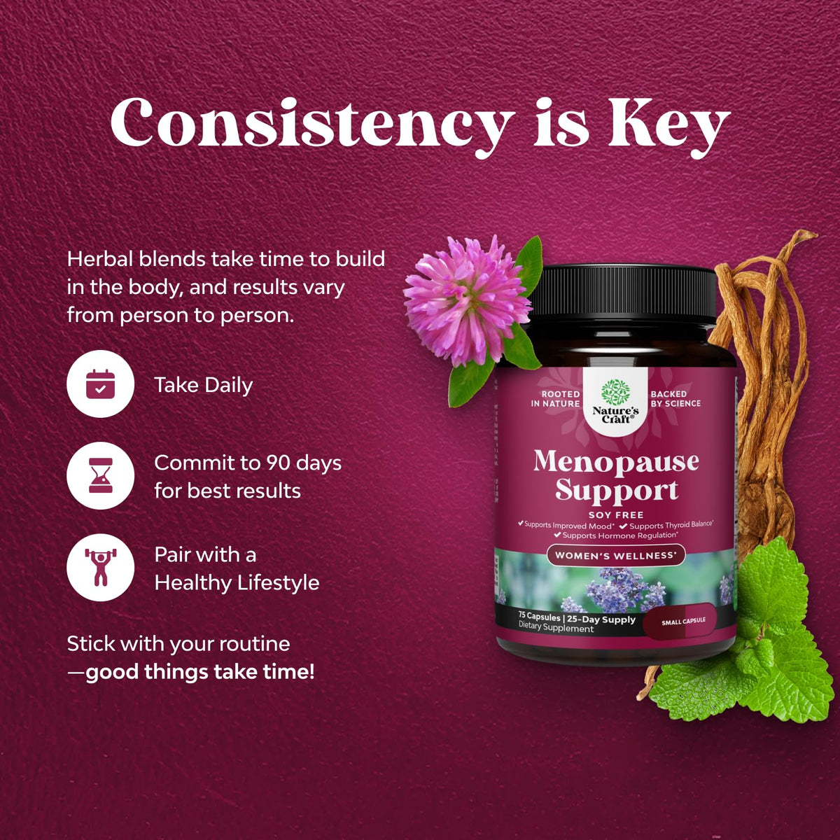 Complete Herbal Menopause Supplement for Women - Soy Free Female Hormone Balance Capsules for Night Sweats Hot Flashes & Mood Swings with Dong Quai, Chaste Berry & Black Cohosh Root - 75 Count Natures CraftBuy Supplements Australia
