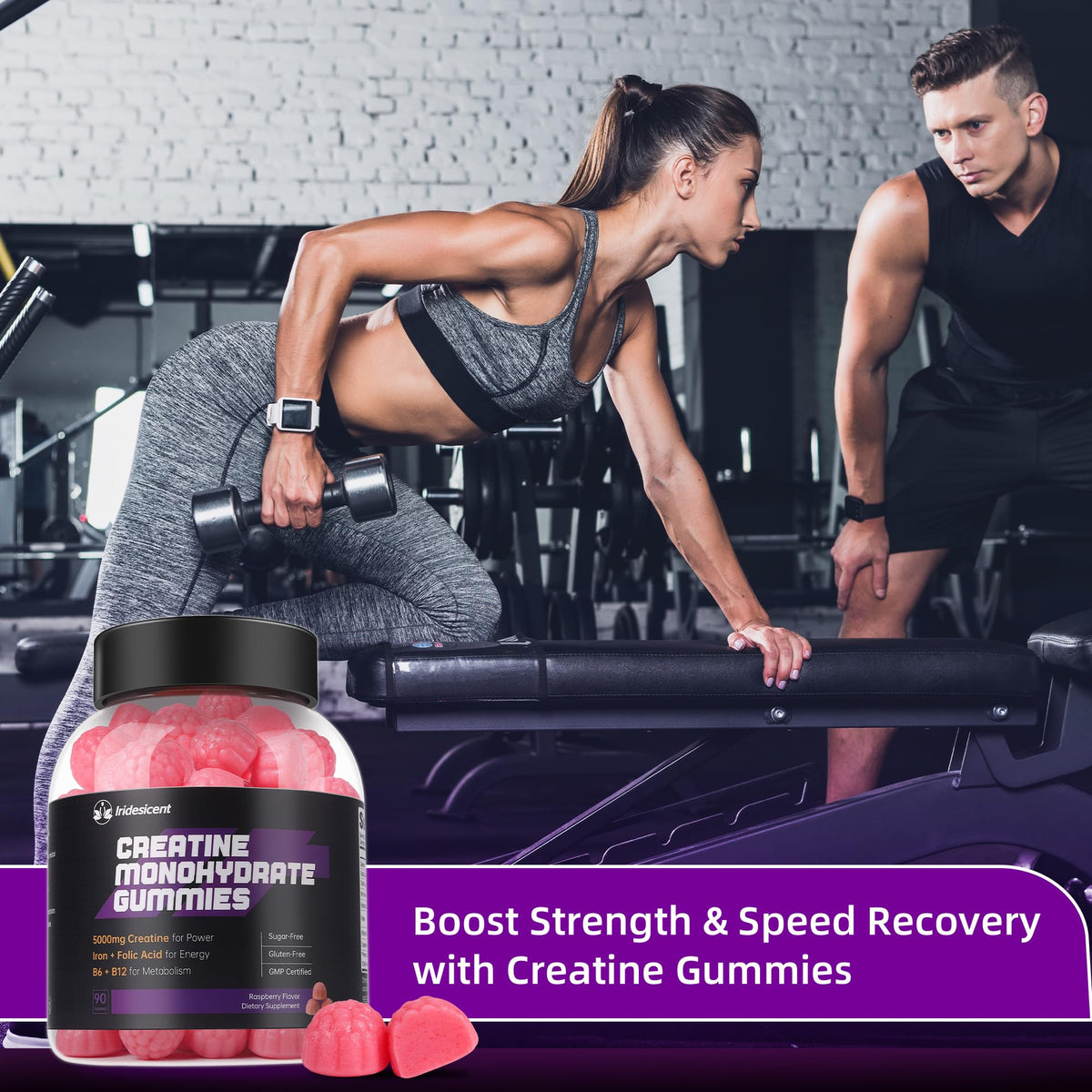 IRIDESICENT Creatine Monohydrate Gummies 5000mg w/Iron, Vitamin B6 & B12, Sugar Free 5g Creatine Supplements for Women and Men Boost Energy & Muscle Recovery - 90 Raspberry Gummies IRIDESICENTBuy Supplements Australia