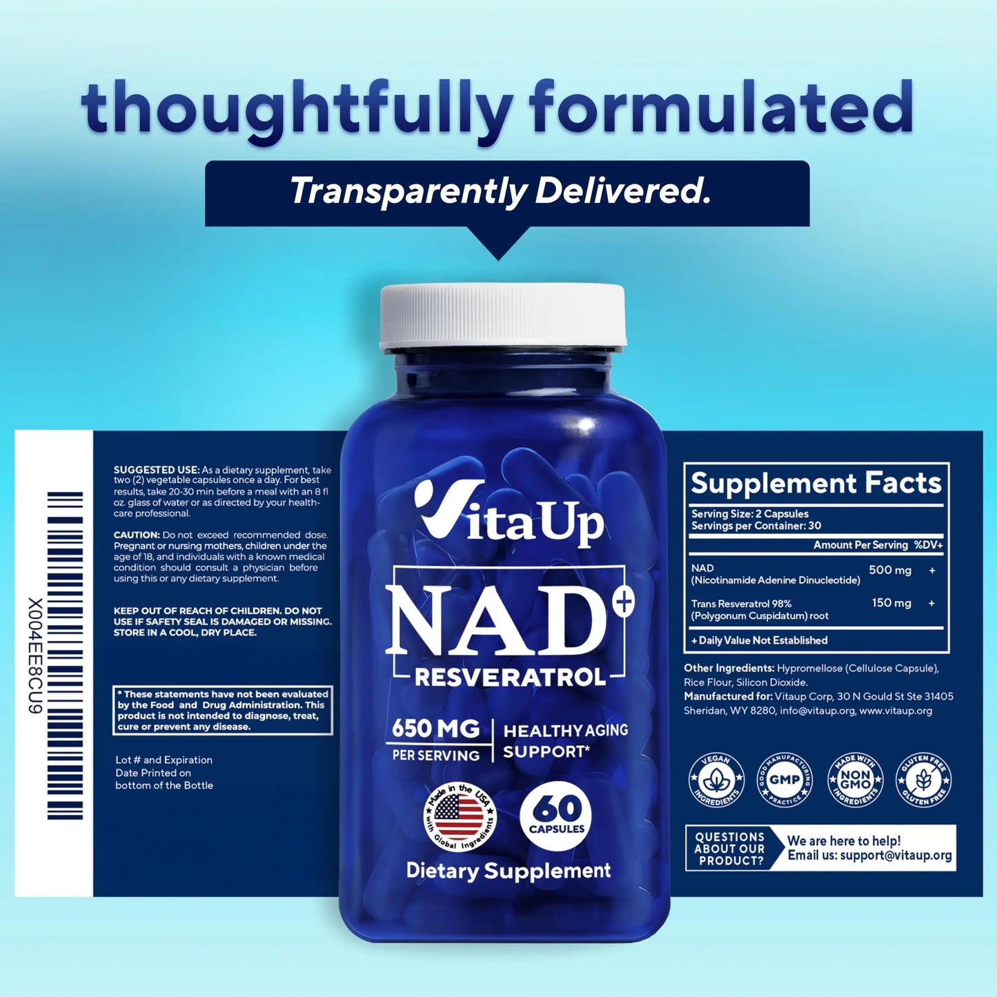 VitaUp NAD+ Resveratrol Supplement - USA Made Trans Resveratrol NAD Supplement 650mg - Nicotinamide Adenine Dinucleotide Capsules for Healthy Aging, Energy & Focus Support - 60 Count VitaUpBuy Supplements Australia