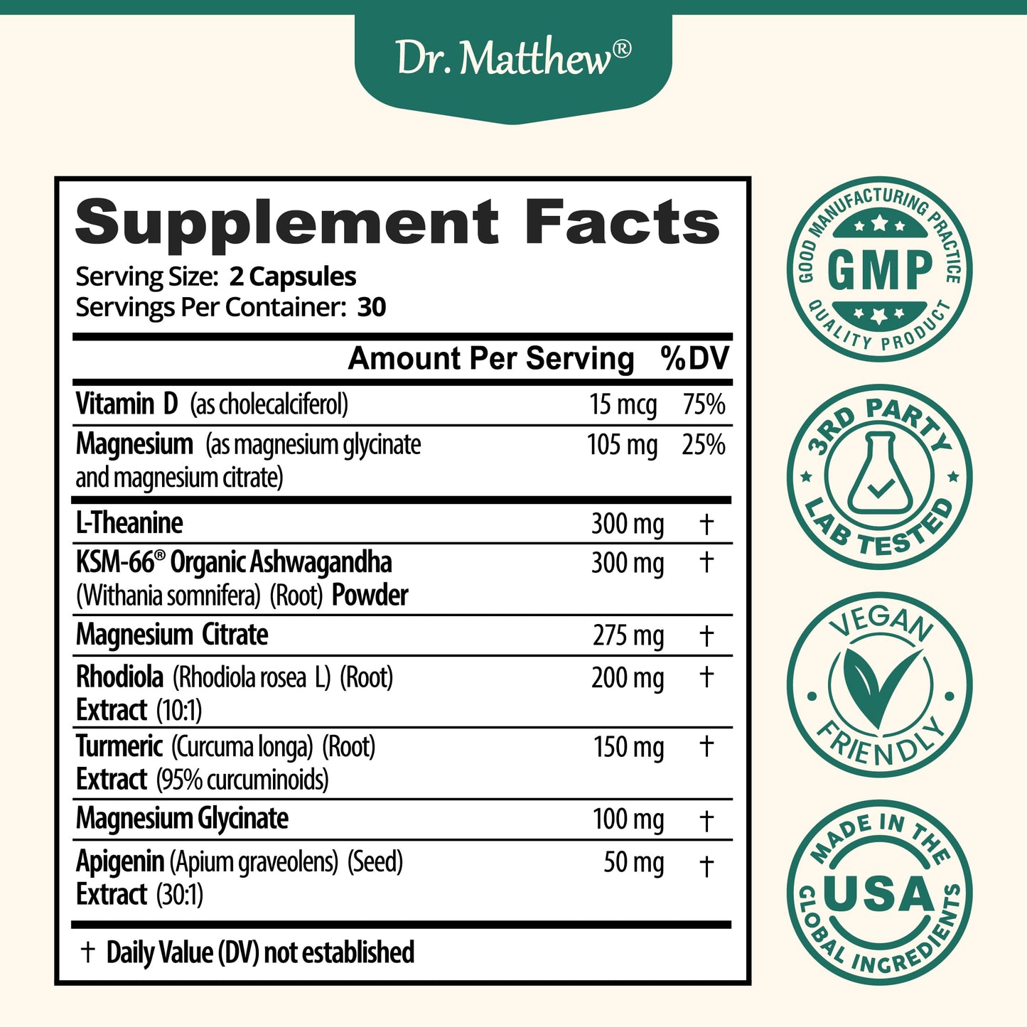 Cortisol Reducer & Adrenal Support Supplement–Natural Stress Relief with Ashwagandha KSM-66, Magnesium Glycinate & Citrate, L-Theanine, Rhodiola, Apigenin, Turmeric & Vitamin D3–Calm Mood & Relaxation Dr. MatthewBuy Supplements Australia