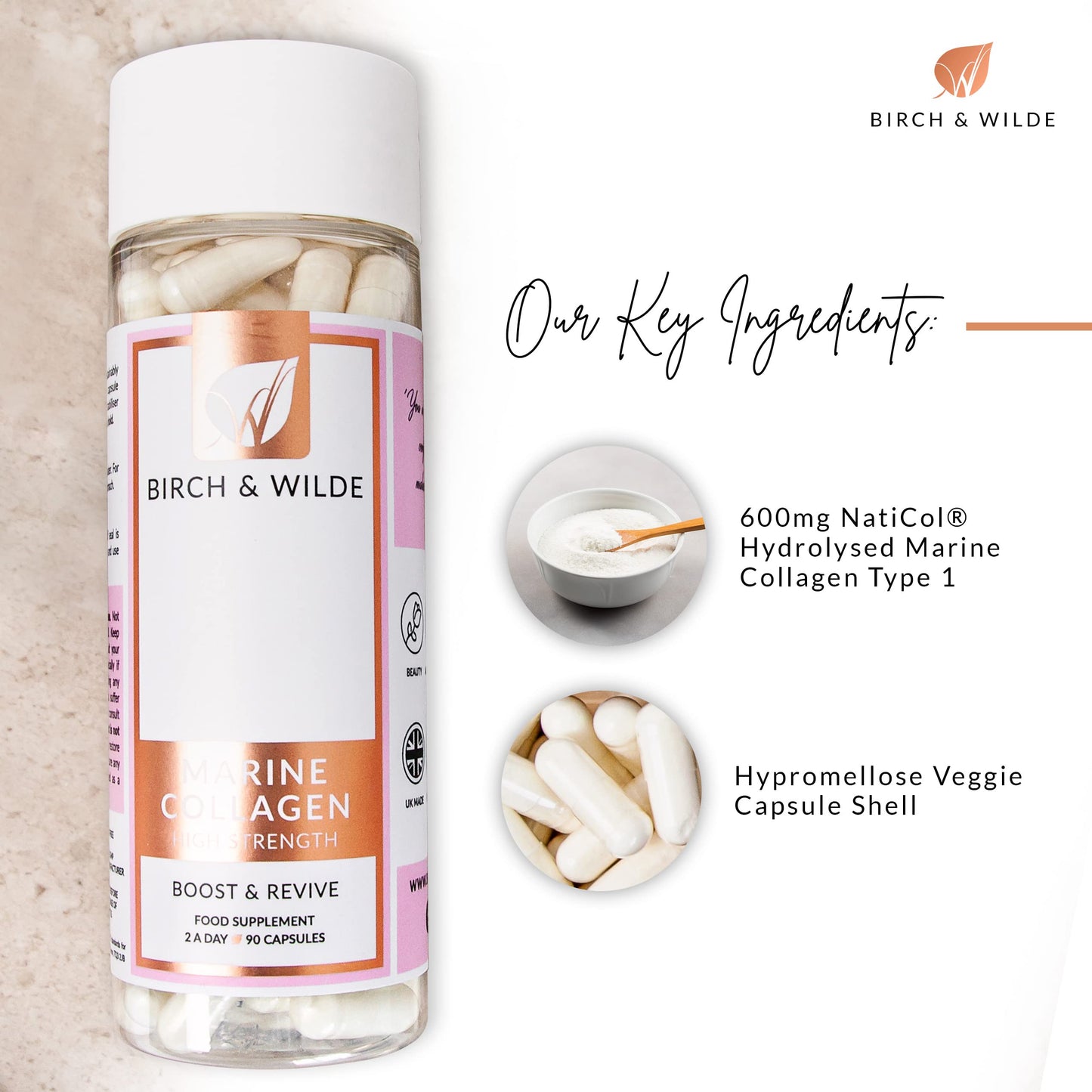 Marine Collagen Peptides Capsules - Hydrolyzed Collagen Supplements for Women & Men - High Strength Capsules Formula BIRCH & WILDEBuy Supplements Australia