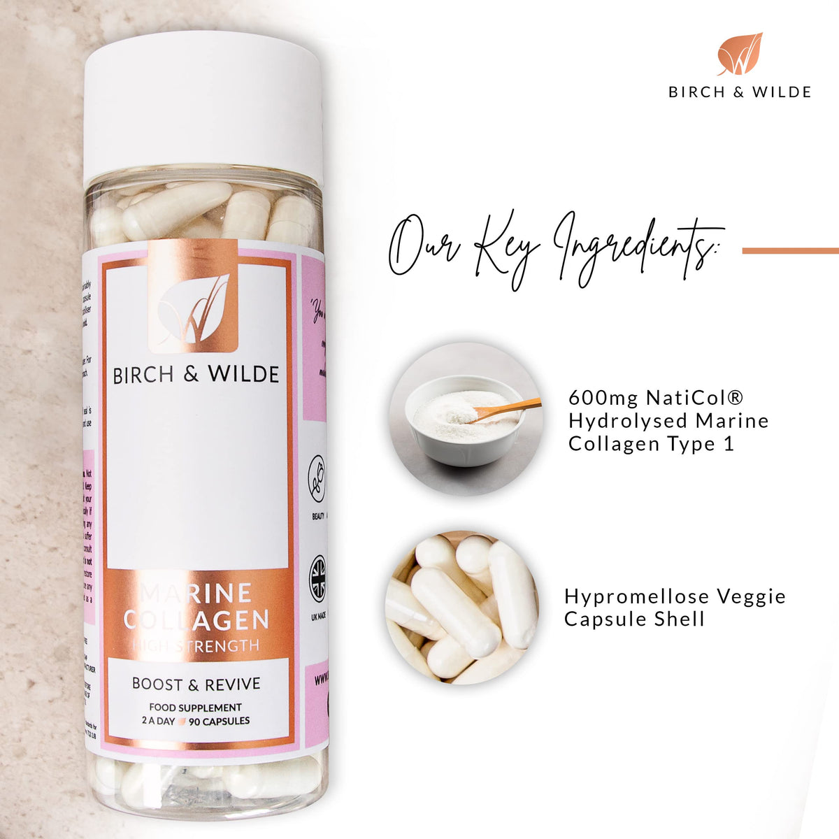 Marine Collagen Peptides Capsules - Hydrolyzed Collagen Supplements for Women & Men BIRCH & WILDEBuy Supplements Australia