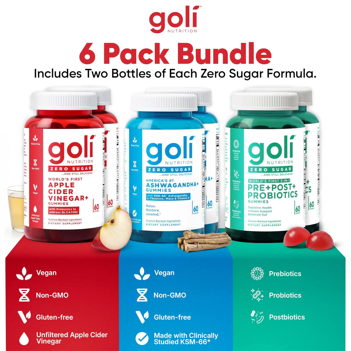 Goli Zero Sugar 6 Pack Bundle - World's First 3-in-1 Pre, Post, Probiotic, Apple Cider Vinegar with Vitamin B12 and Probiotics to Address Bloating, Ashwagandha & L-Theanine, Vitamin D Gummies Goli buy supplements Au