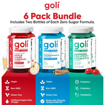 Goli Zero Sugar 6 Pack Bundle - World's First 3-in-1 Pre, Post, Probiotic, Apple Cider Vinegar with Vitamin B12 and Probiotics to Address Bloating, Ashwagandha & L-Theanine, Vitamin D Gummies Goli buy supplements Au