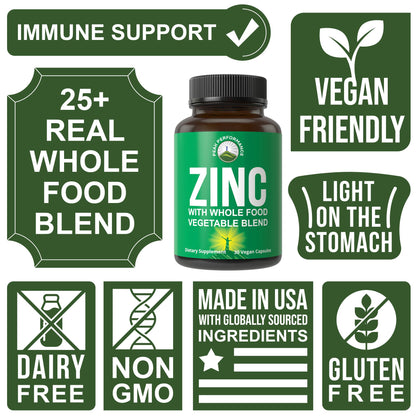 Vegan Zinc Supplement with Vitamin C + Whole Food Blend of 25 Vegetables and Fruits for Max Absorption. Zinc Supplements 30mg Capsules, Pills, Tablets, Vitamins for Adults Both Men and Women Peak PerformanceBuy Supplements Australia