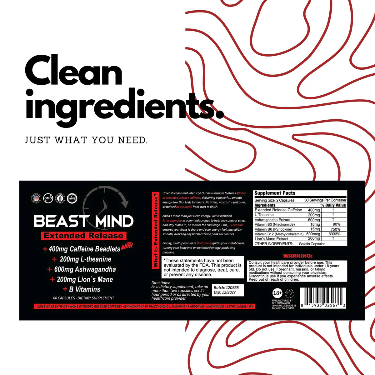 Beast Mind Extended Release Extreme Energy Pills | 400mg XR Caffeine | 600mg Ashwagandha | 200mg Lion's Mane, Increased Energy & Focus, Natural Nootropic Labs Beast MindBuy Supplements Australia