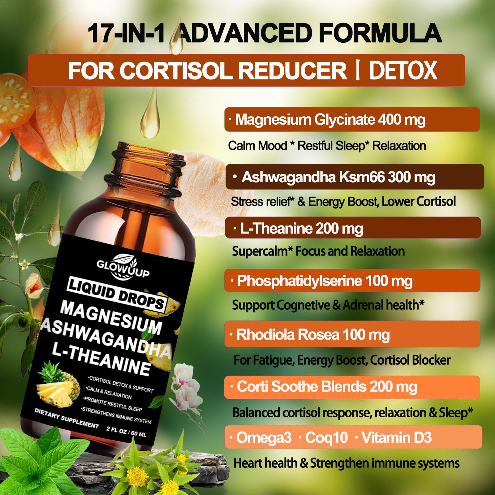 Cortisol Supplements for Women & Men, Cortisol Reducer Manager Detox Liquid Drops Extra Strength Magnesium Glycinate 200mg, L-Theanine & Ashwagandha丨Hormone Balance, Relaxation & Recess Mood GLOVVUUPBuy Supplements Australia