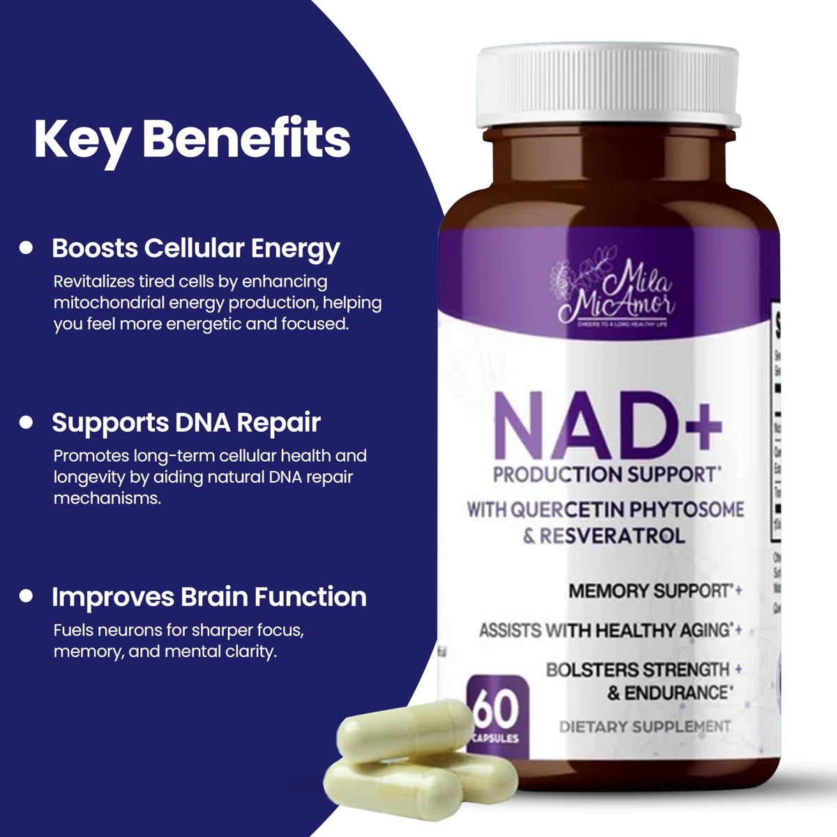 Mila Miamor NAD+ for Cellular Energy & Anti-Aging Supplement| Boost Focus, Vitality & Mitochondrial Function | Supports DNA Repair, Brain Health & Endurance | Non-GMO, Gluten-Free | 60 Capsules Mila MiamorBuy Supplements Australia