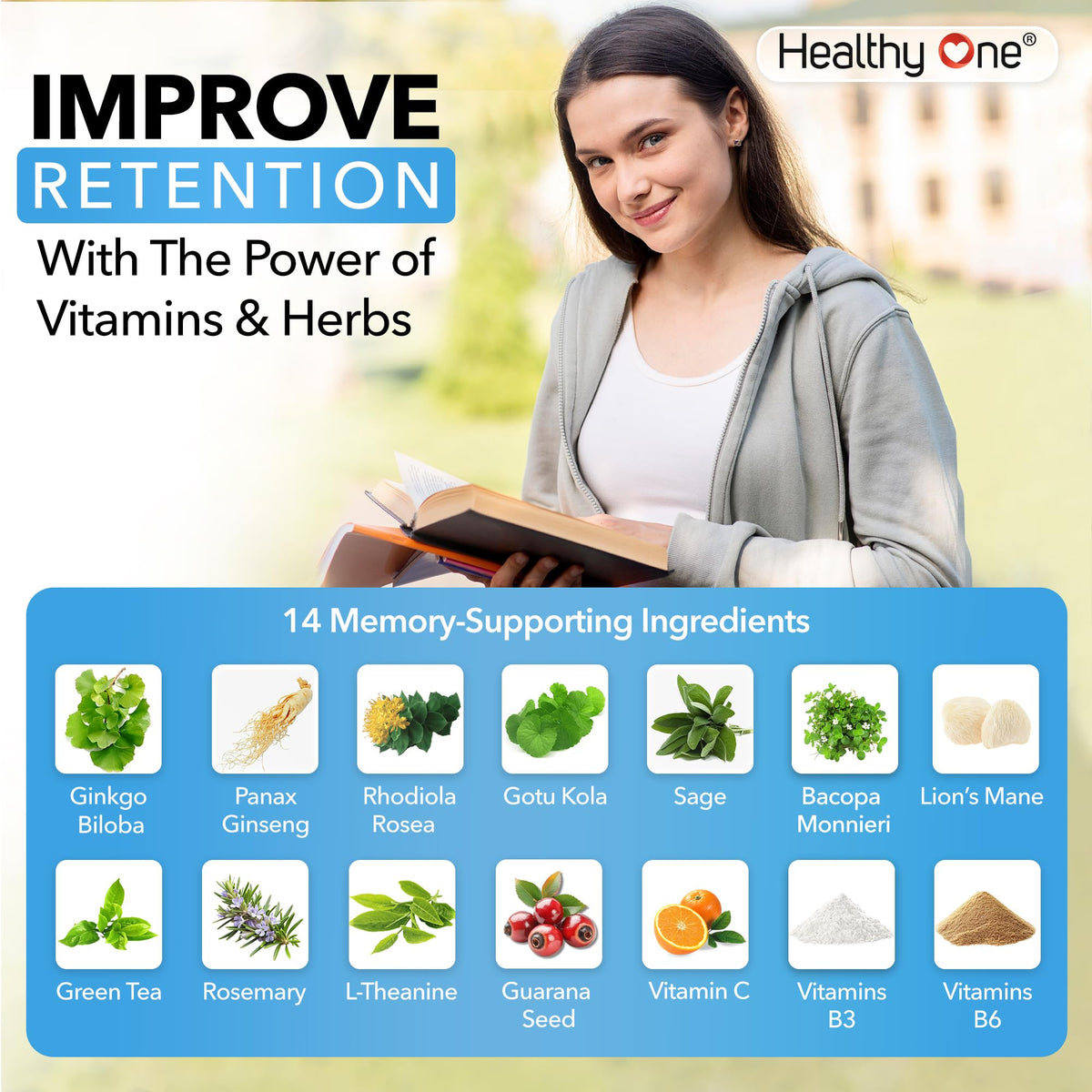 Healthy Mind - Safe for Teens - Brain Fog - Cognitive Function - Concentration - Focus - Neural Optimization - Mood - Ginkgo Biloba - Ginseng - Rhodiola - Bacopa - Gotu Kola - Green Tea - 60 Count Healthy OneBuy Supplements Australia
