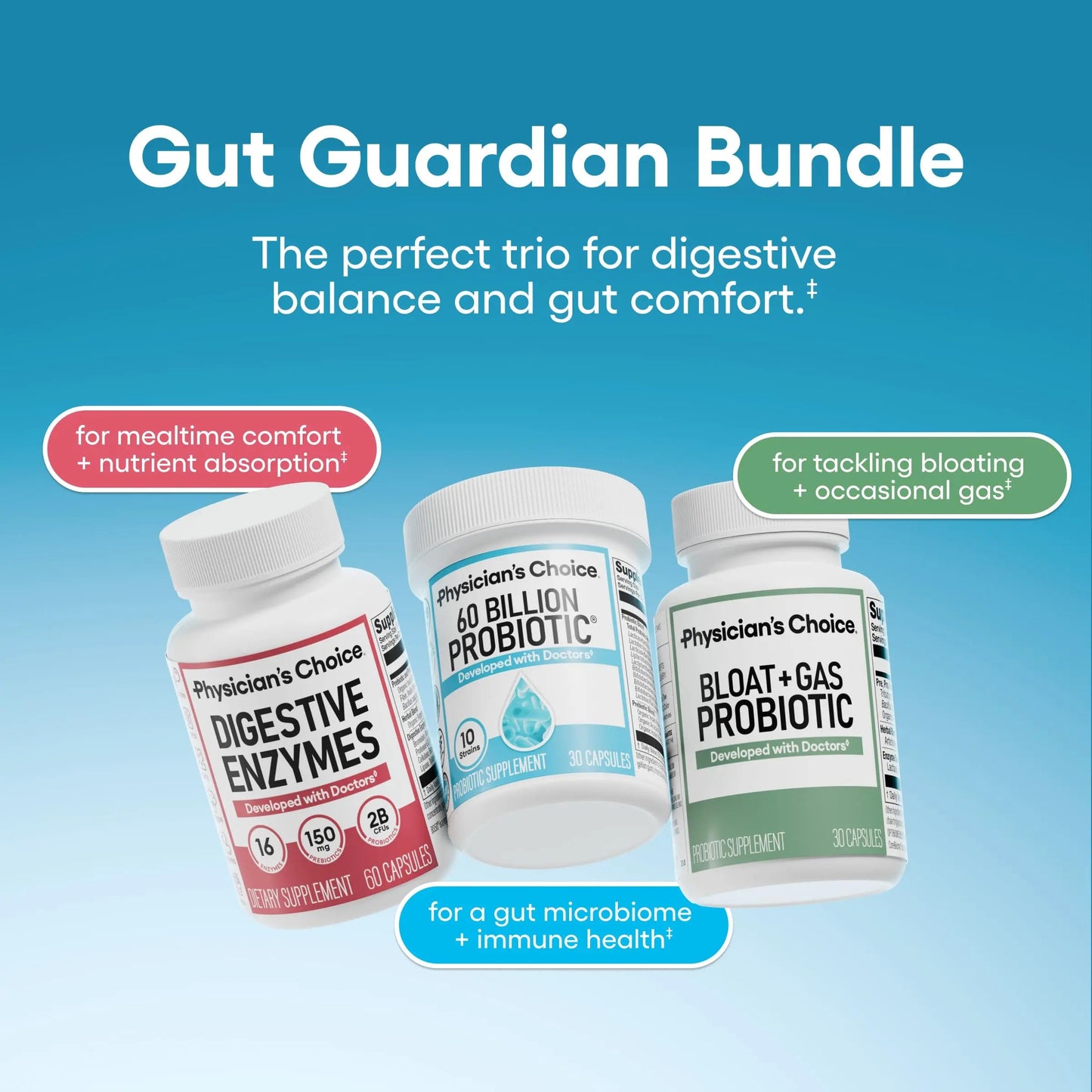 Physician's CHOICE Gut Guardian Bundle: Advanced Bloating & Digestion Support with 60 Billion Probiotic, Digestive Enzymes & Bloat + Gas Probiotic - Daily Gut Health Support for Women and Men Physician's CHOICEBuy Supplements Australia