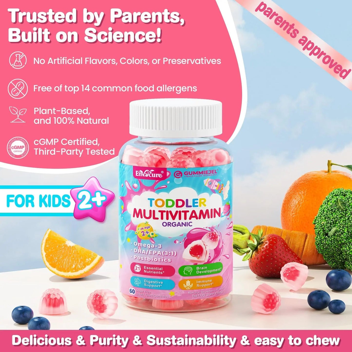 Organic Toddler Multivitamin Gummies + Omega-3 (DHA/EPA), Postbiotics | kids 2+ multivitamin | Vitamins A C D3 Methyl B12 Folate Zinc EnvyCure