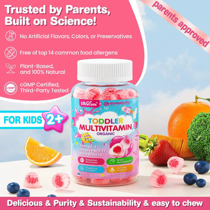 Organic Toddler Multivitamin Gummies + Omega-3 (DHA/EPA), Postbiotics | kids 2+ multivitamin | Vitamins A C D3 Methyl B12 Folate Zinc EnvyCure