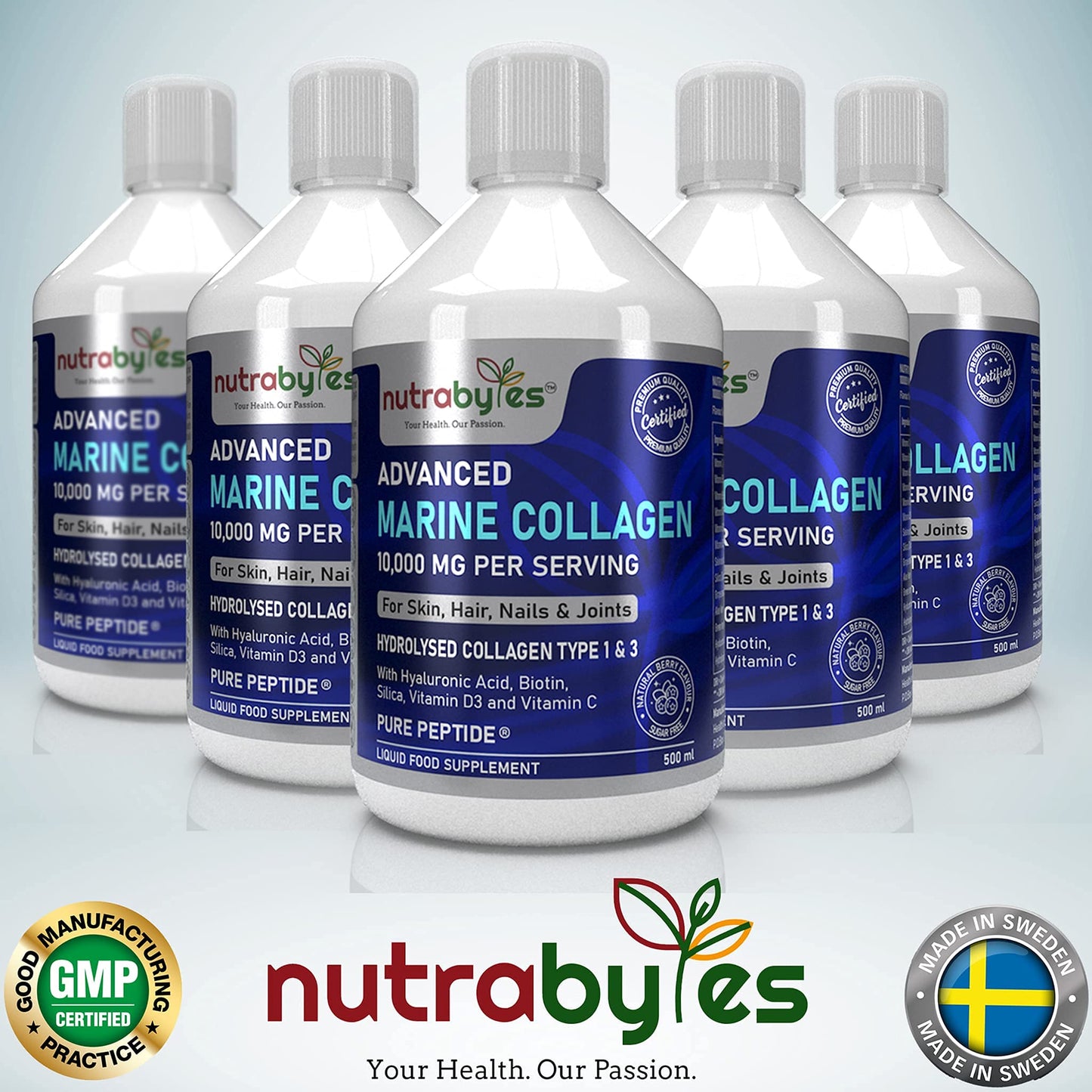 Marine Collagen Liquid 10000mg Sugar Free, Hydrolysed Peptides | Hyaluronic Acid, Biotin, Silica, Vitamin C, Vitamin D3 NUTRABYTESBuy Supplements Australia
