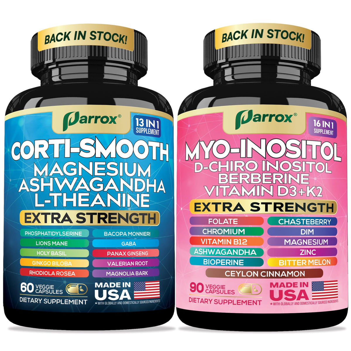Parrox Cortisol & Myo-Inositol Supplement Bundle, Soothe & Smooth Bundle, 13-in-1 Cortisol Balance, Magnesium, Ashwagandha, L-Theanine, D-Chiro Inositol, Folate, Berberine, Chasteberry (150 Capsules) ParroxBuy Supplements Australia