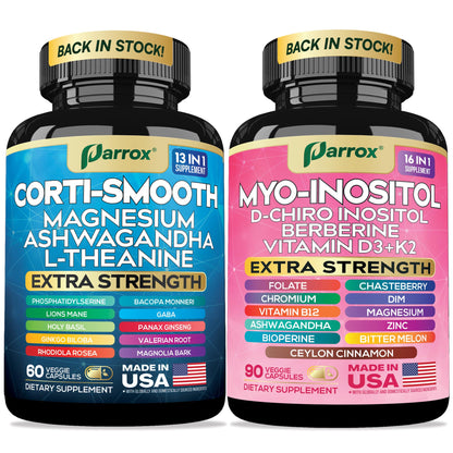 Parrox Cortisol & Myo-Inositol Supplement Bundle, Soothe & Smooth Bundle, 13-in-1 Cortisol Balance, Magnesium, Ashwagandha, L-Theanine, D-Chiro Inositol, Folate, Berberine, Chasteberry (150 Capsules) ParroxBuy Supplements Australia