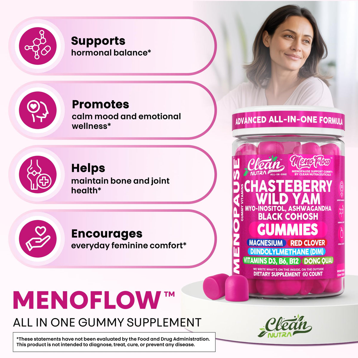 Clean Nutra Menopause Supplements for Women Chastberry Wild Yam Gummies Inositol Black Cohosh Magnesium Red Clover DIM Supplement B6 Magnesium Glycinate Glycine Vitex Hormone Balance Gummy Vitamins Clean NutraceuticalsBuy Supplements Australia