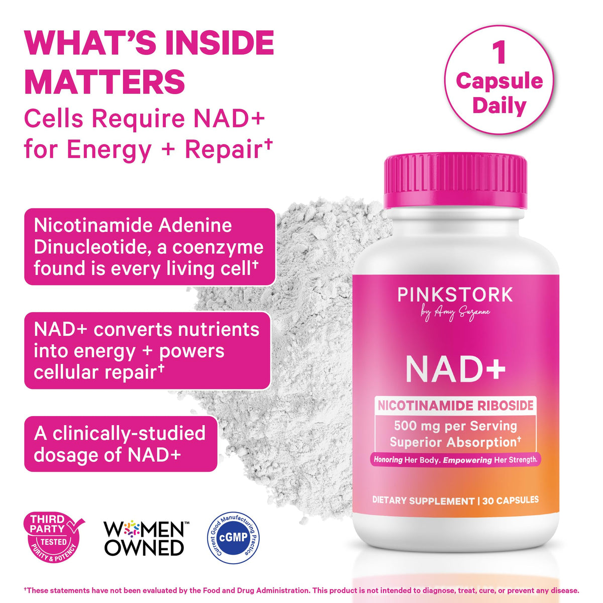 Pink Stork NAD+ Supplement for Women | 500mg Nicotinamide Riboside NR | Clinically-Studied Pure NMN Powder | Brain + Cognitive Support |Energy, Skin Essentials Over 30 | 1 Month Supply Pink StorkBuy Supplements Australia