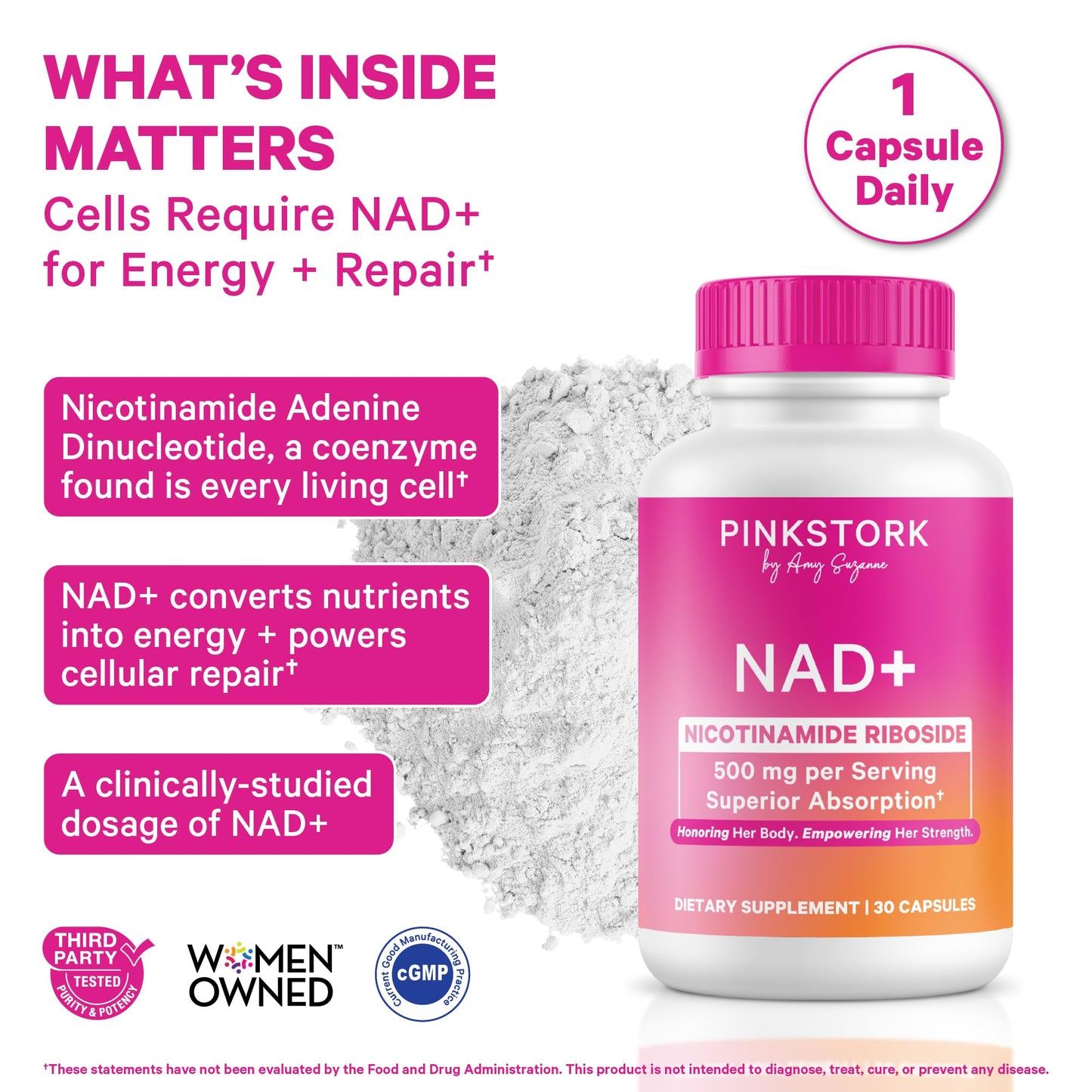 Pink Stork NAD+ Supplement for Women | 500mg Nicotinamide Riboside NR | Clinically-Studied Pure NMN Powder | Brain + Cognitive Support |Energy, Skin Essentials Over 30 | 1 Month Supply Pink StorkBuy Supplements Australia