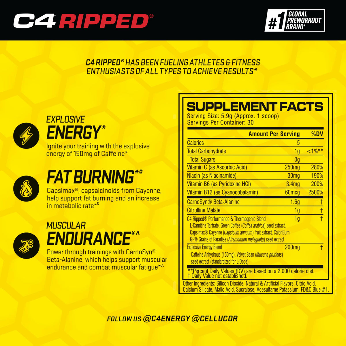 Cellucor C4 Ripped Pre Workout Powder ICY Blue Razz | Creatine Free + Sugar Free CellucorBuy Supplements Australia