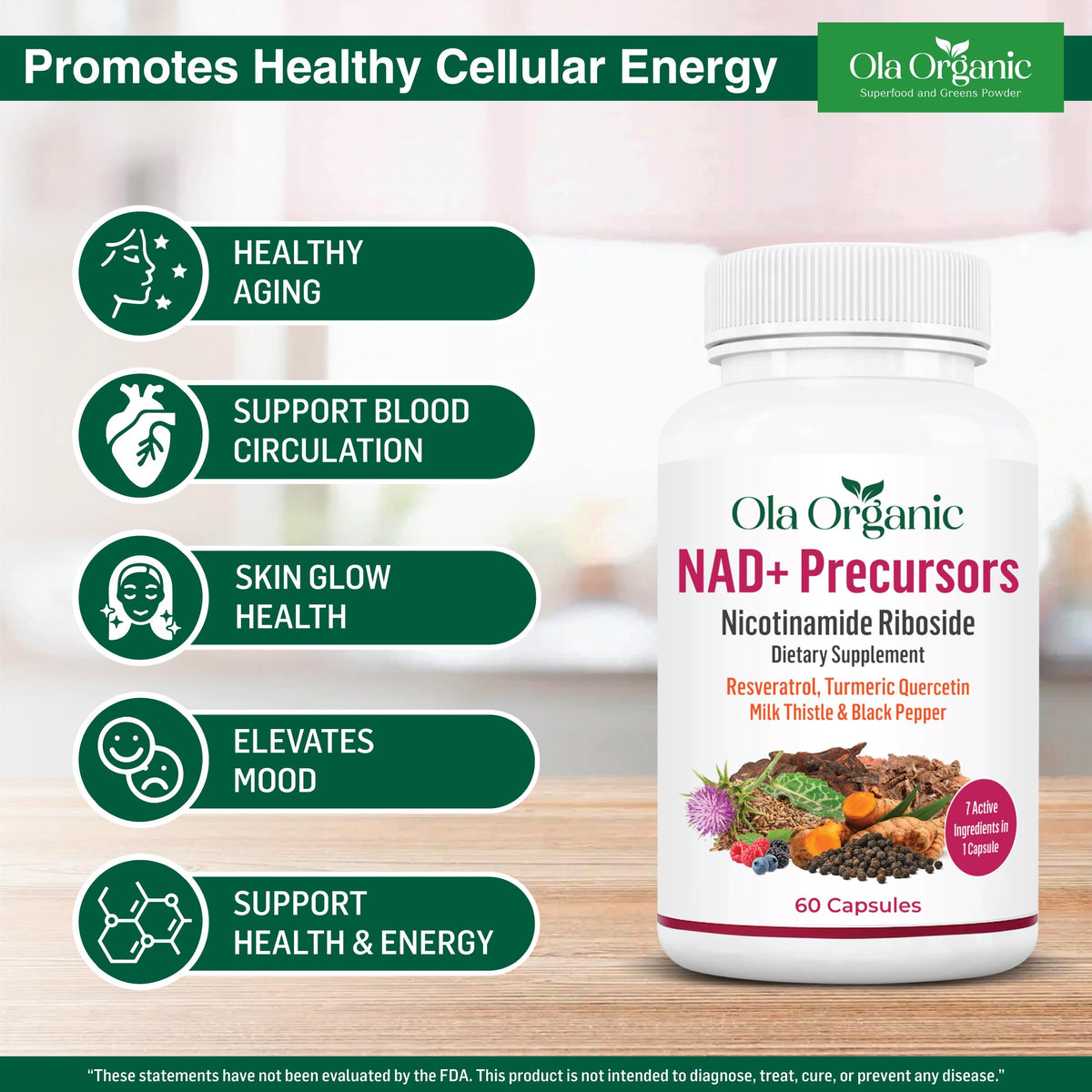 NAD+ Supplement & NAD Booster for Cellular Energy and Healthy Aging – Plant-Based Nicotinamide Riboside (NR) NAD Precursor with Resveratrol, Turmeric, Quercetin, Rhodiola & Milk Thistle – 60 Capsules Ola OrganicBuy Supplements Australia