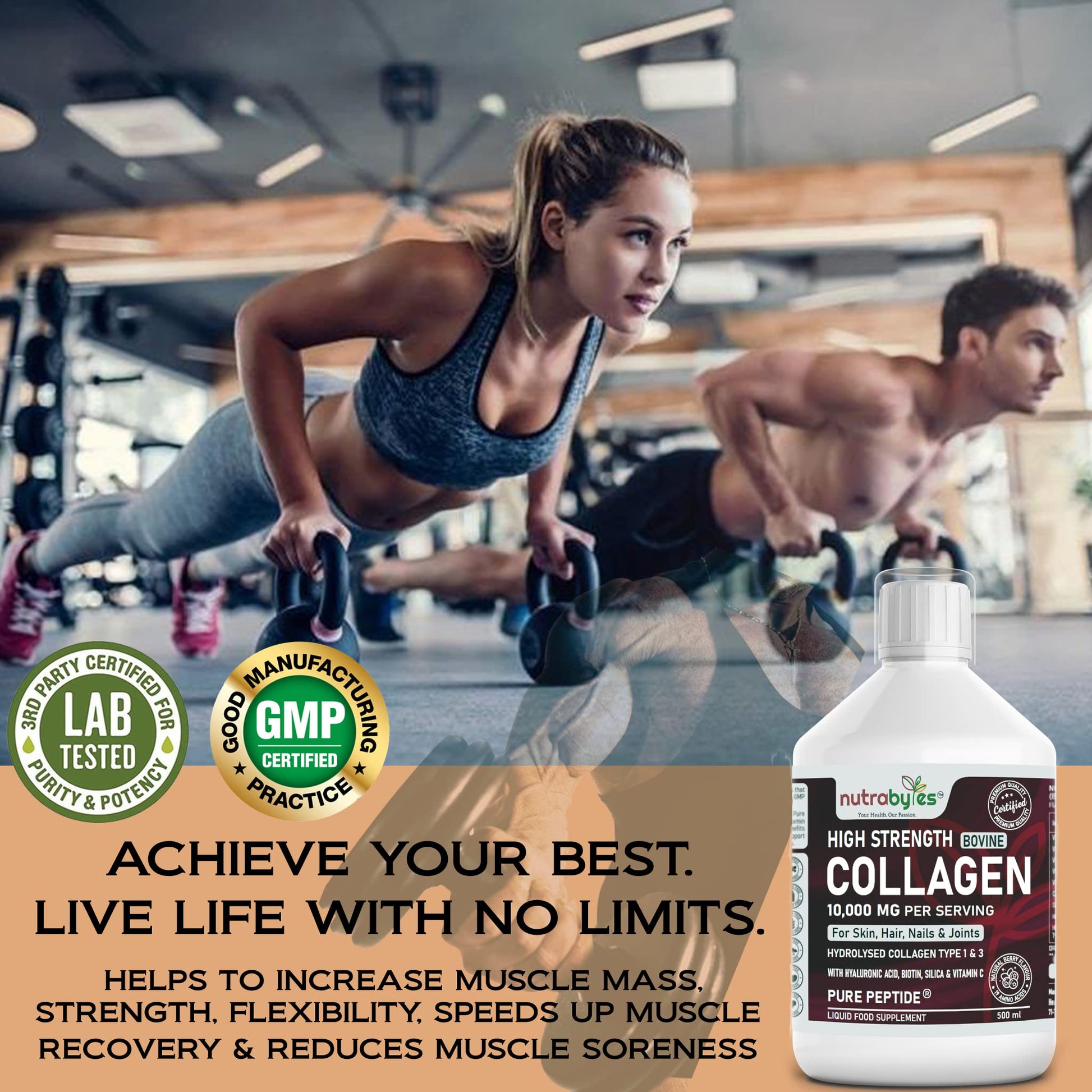 Collagen Liquid 10000mg, Hydrolysed Peptides | Hyaluronic Acid, Biotin, Silica, Vitamin C, Vitamin B12 NUTRABYTESBuy Supplements Australia