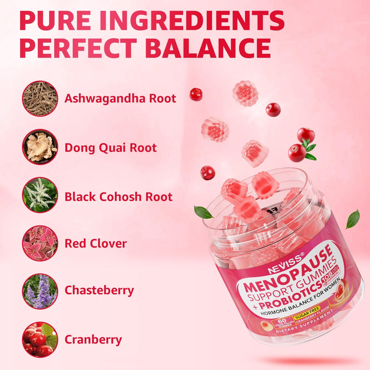 Sugar Free Menopause Supplement Gummies for Women, Menopause Probiotics (10 Billion CFU) Filled Gummy with Ashwagandha, Dong Quai & Black Cohosh for Hot Flashes, Night Sweats, Mood Swings, Gut Health NEVISSBuy Supplements Australia