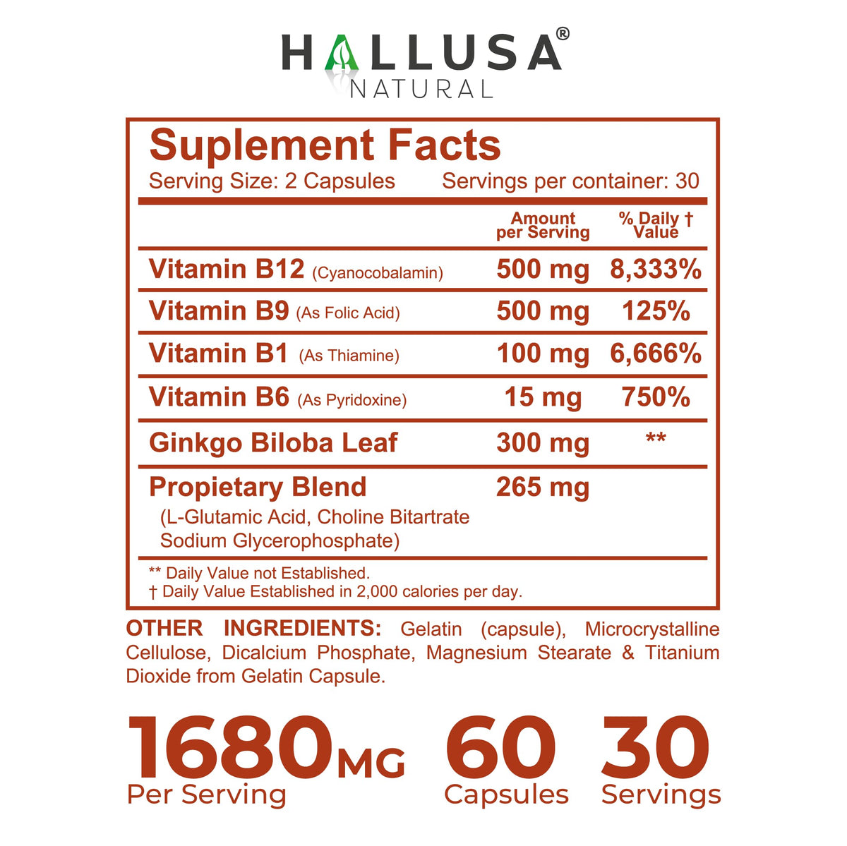 Hallusa Natural Brain Health Supplement Capsules 1680mg, Ginkgo Biloba, B Vitamins & Choline, Memory & Focus Support, Brain Booster for Men & Women, 60 Count Hallusa Natural buy supplements Au