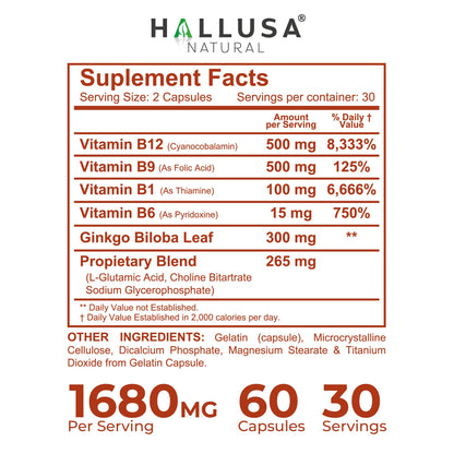 Hallusa Natural Brain Health Supplement Capsules 1680mg, Ginkgo Biloba, B Vitamins & Choline, Memory & Focus Support, Brain Booster for Men & Women, 60 Count Hallusa Natural buy supplements Au
