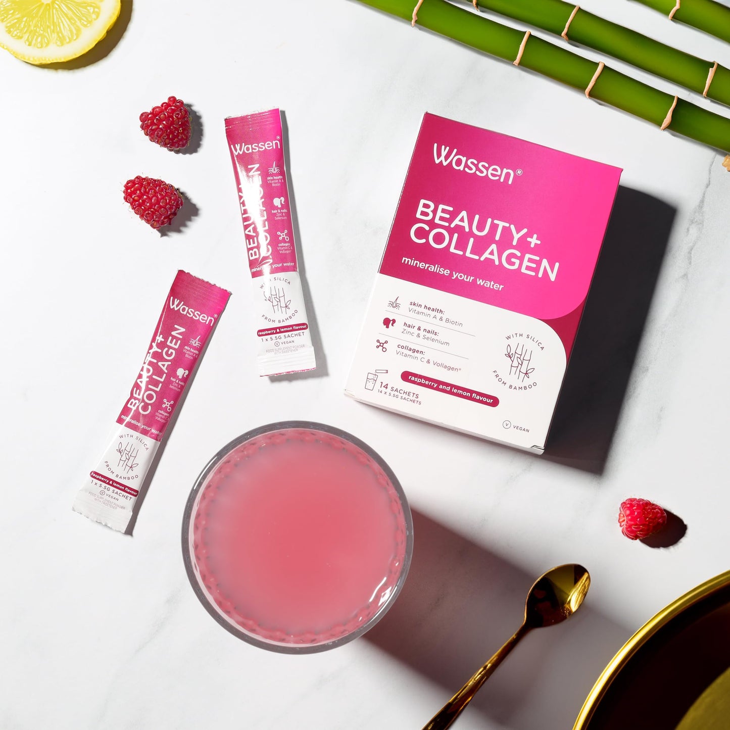 Wassen Beauty and Collagen - Plant-Based Vegan Collagen - 14 Raspberry & Lemon Flavoured Sachets WassenBuy Supplements Australia