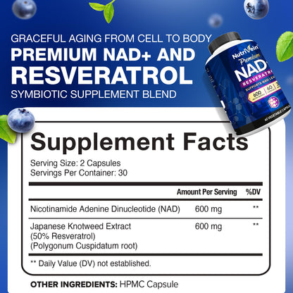 Nutrivein Premium NAD + Resveratrol Supplement 600 mg - 30 Servings (60 Capsules): Powerful Synergistic NAD Resveratrol Supplement - Aging, Cognition, Metabolism, & Overall Well-Being NutriveinBuy Supplements Australia