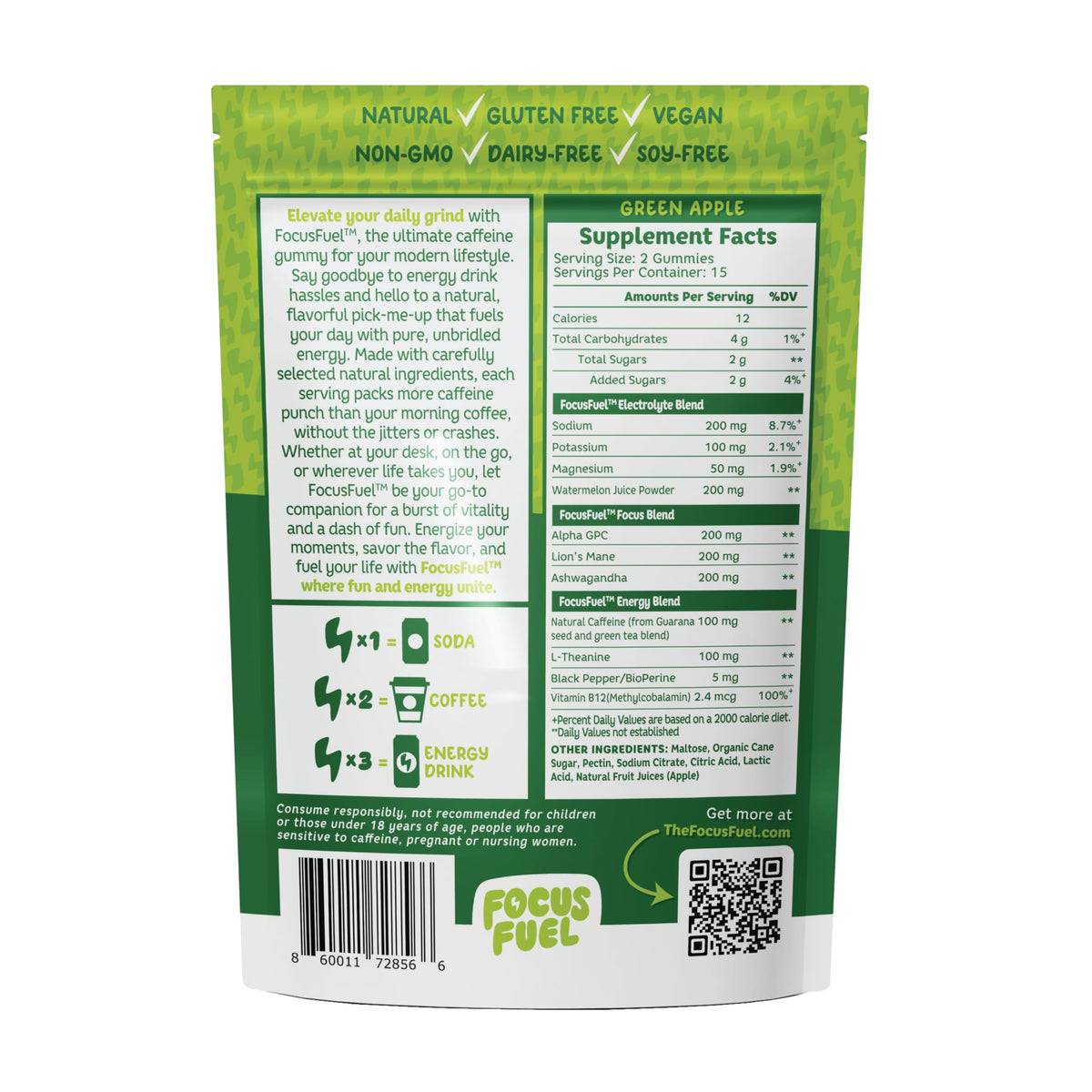 FocusFuel Energy Chews – Green Apple Flavor (15 Servings) – 100mg Caffeine + B12, Magnesium, Alpha GPC – Boost Focus & Energy – No Crash or Jitters FocusFuelBuy Supplements Australia