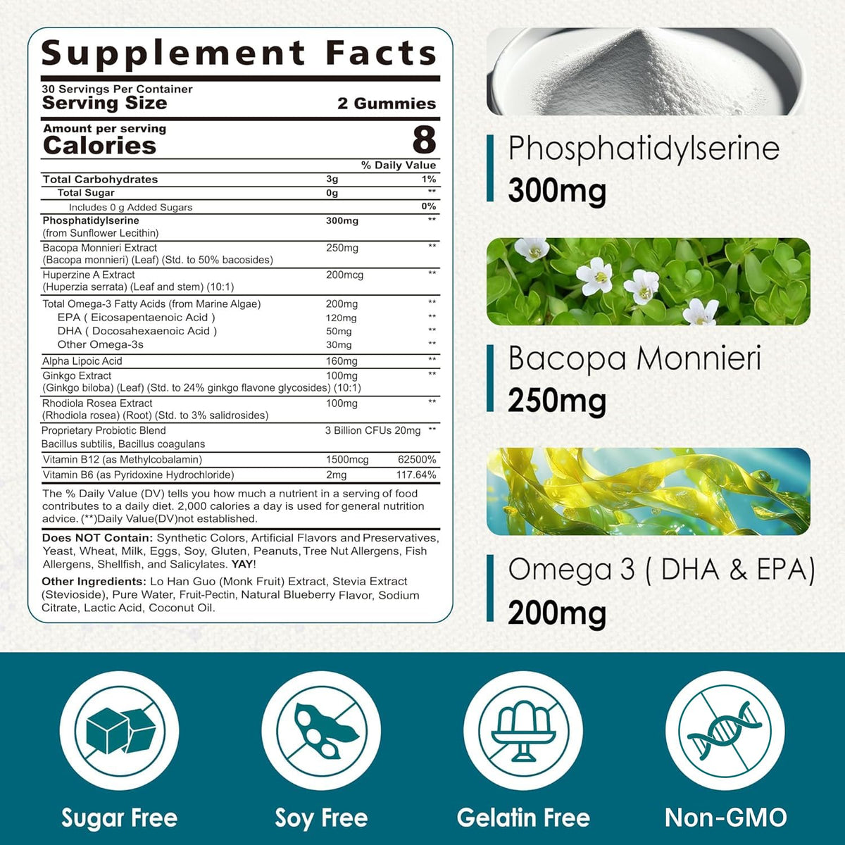 Phosphatidylserine - Nootropic Brian Supplement, Focus & Energy Gummies+ Bacopa Monnieri, Omega 3, Huperzine A, Methyl B12 & B6 for Seniors, Gamers, Workers, Non-GMO, Caffeine-Free, Sugar Free, 2 Pack NextdiaBuy Supplements Australia