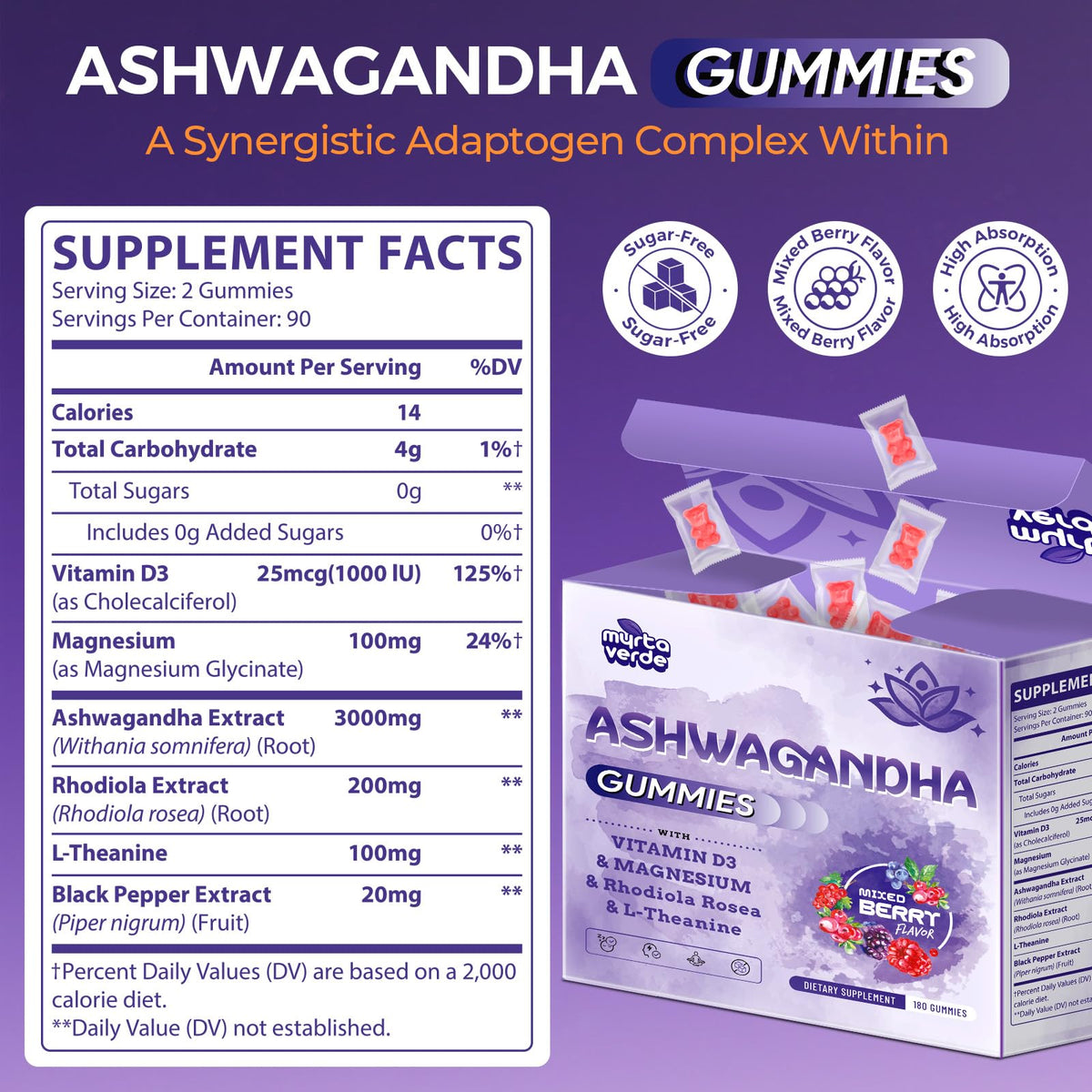 3000mg Ashwagandha Gummies for Women & Men, 180 Count | Extra Strength Ashwagandha Supplement for Stress, Relaxation & Immune Support | Magnesium, Rhodiola, L-Theanine, D3 | Sugar Free Mixed Berry MyrtaverdeBuy Supplements Australia