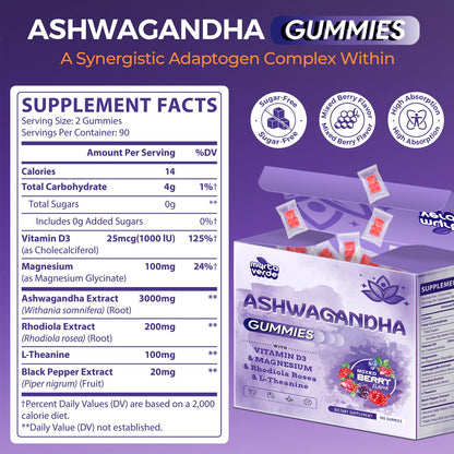 3000mg Ashwagandha Gummies for Women & Men, 180 Count | Extra Strength Ashwagandha Supplement for Stress, Relaxation & Immune Support | Magnesium, Rhodiola, L-Theanine, D3 | Sugar Free Mixed Berry MyrtaverdeBuy Supplements Australia