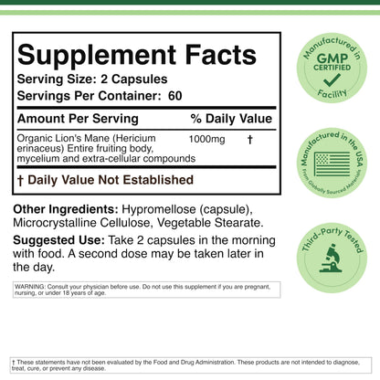 Organic Lions Mane Mushroom Capsules (120 Count), for Focus Support and Immune Health, Third Party Tested and Grown in The USA - by Double Wood Double Wood SupplementsBuy Supplements Australia