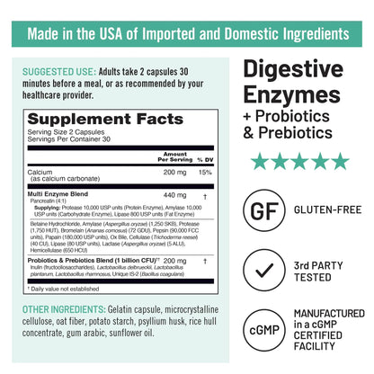 NatureWise Digestive Enzymes - Multi Enzymes with Probiotics + Prebiotics - Post Mealtime Comfort & Bloating Support + Aids Digestion and Gut Health - Soy-Free, Non-GMO - 60 Capsules[1-Month Supply] NatureWiseBuy Supplements Australia